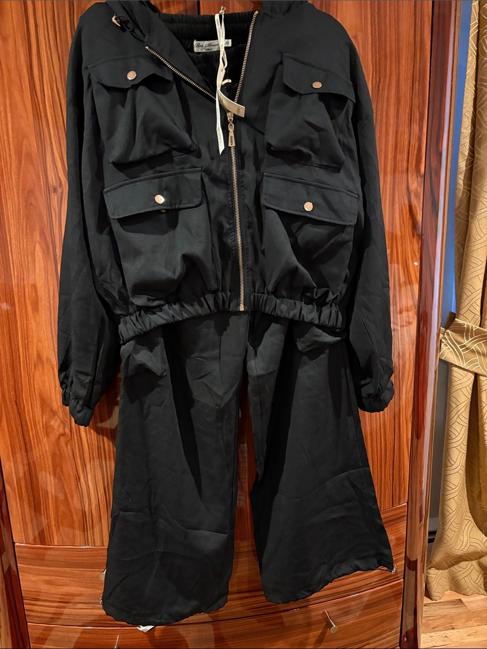 Black Hooded Utility Jumpsuit with Cargo Pockets